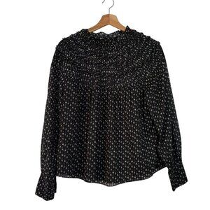 Rebecca Taylor Fleur & Black Dot Ikat Smocked Mock Back Neck Closure Blouse